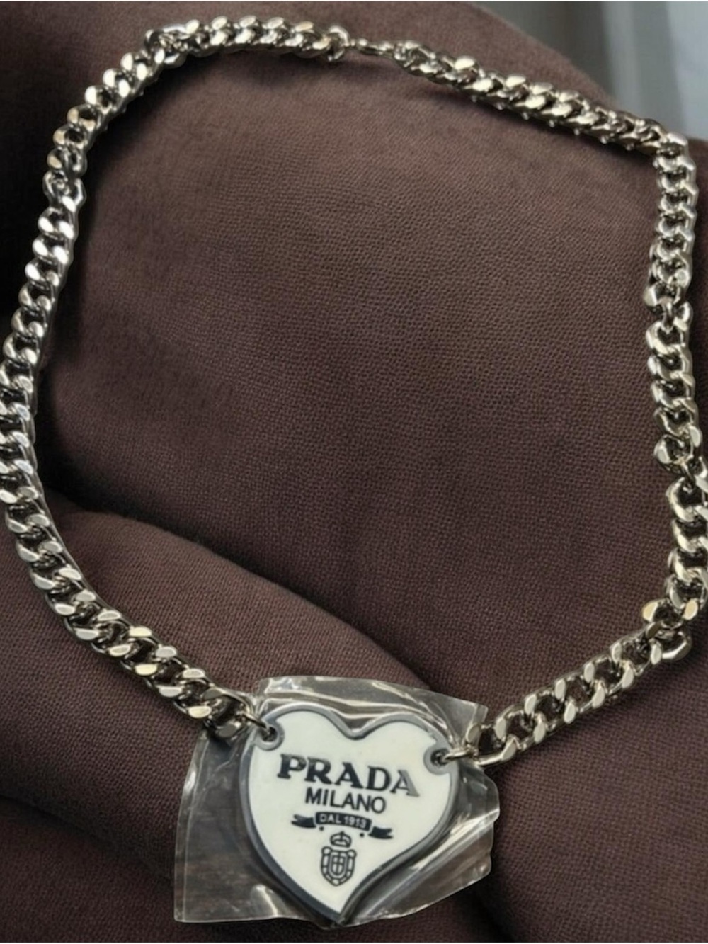 Prada Silver and White Rare Heart Necklace 14 inches